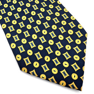 Charles De La Jonchere Men’s Navy Blue & Yellow/Gold Print 100% Silk Necktie Tie